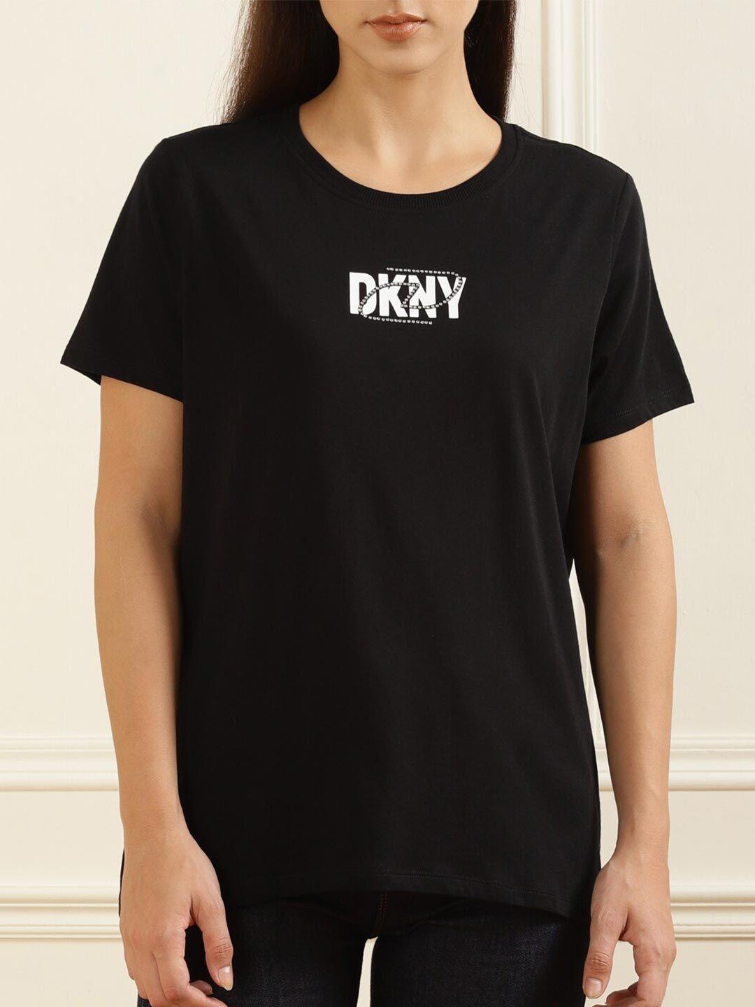dkny women black typography pure cotton t-shirt