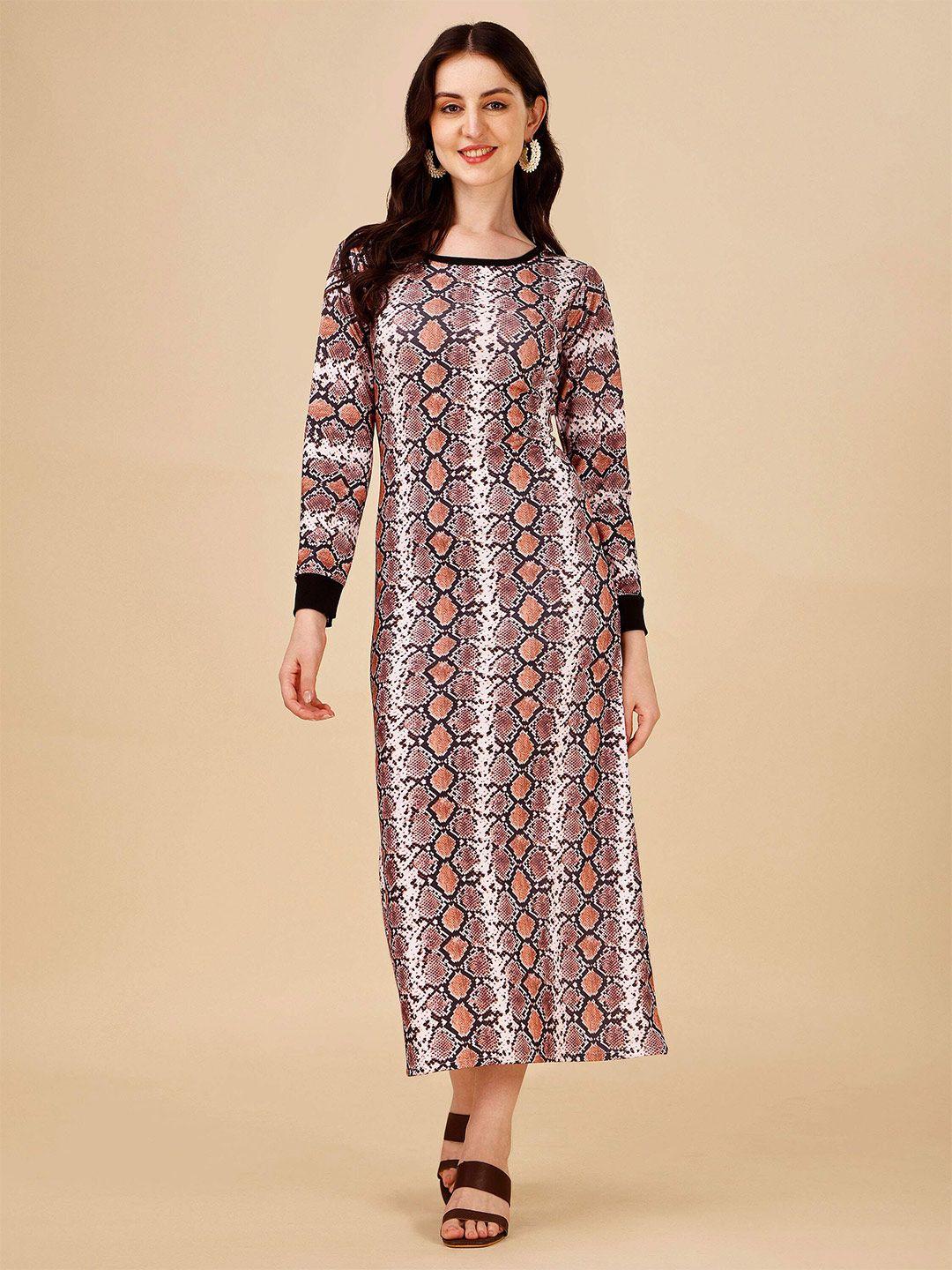 dl fashion abstract printed round neck tie-up detail a-line midi dress