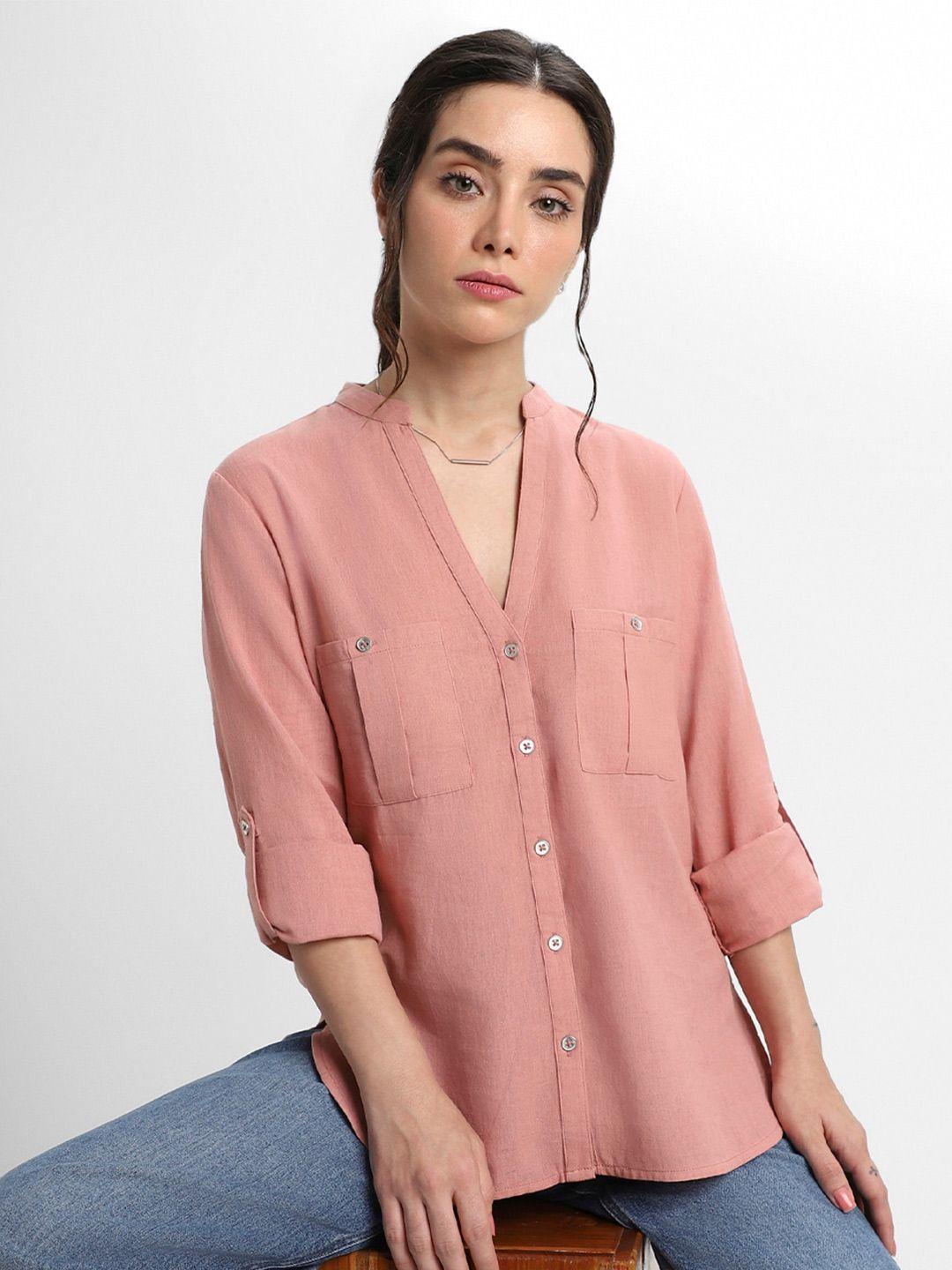 dl woman mandarin collar roll-up sleeves cotton shirt style top