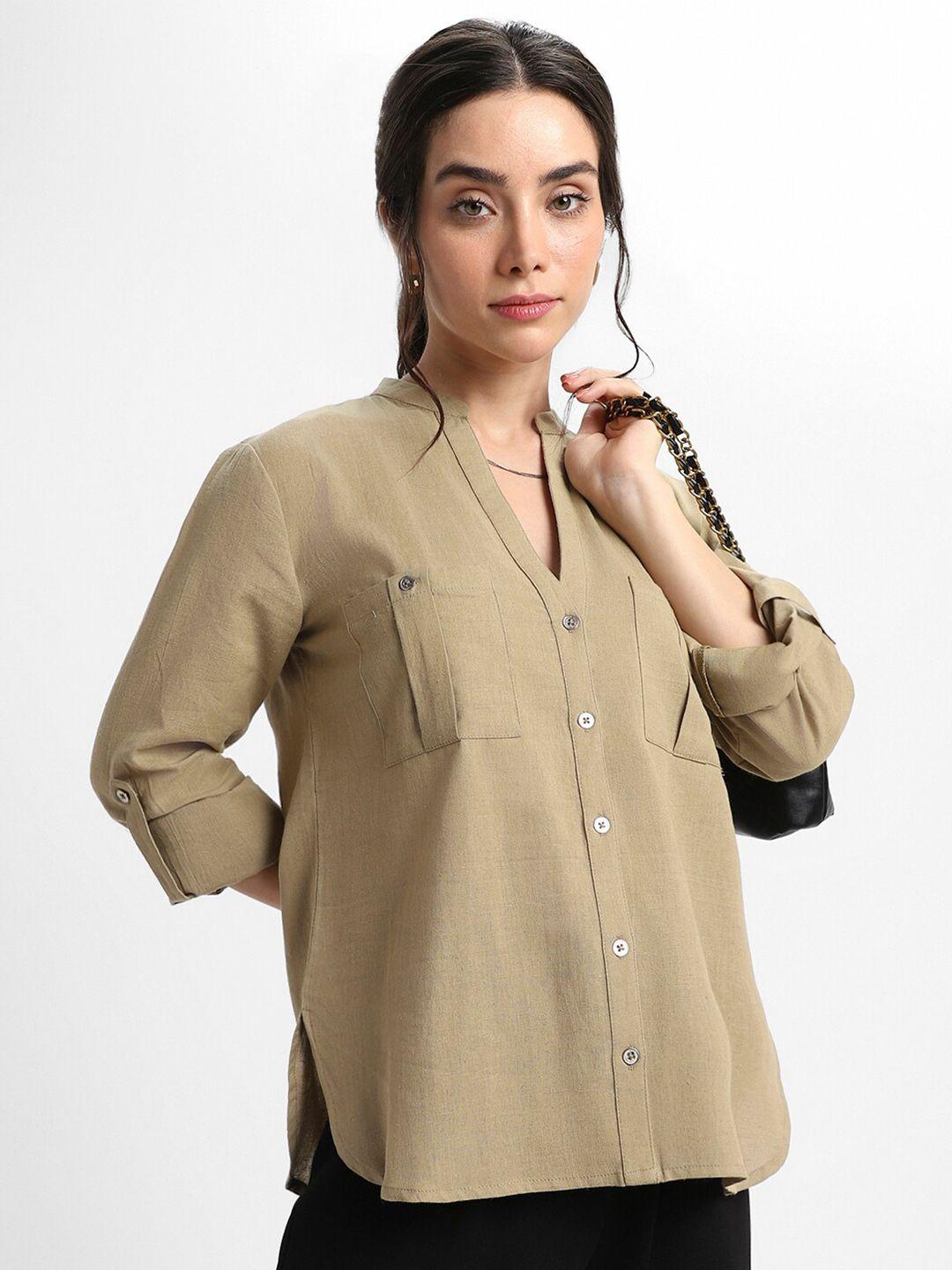 dl woman mandarin collar roll-up sleeves pure cotton shirt style top