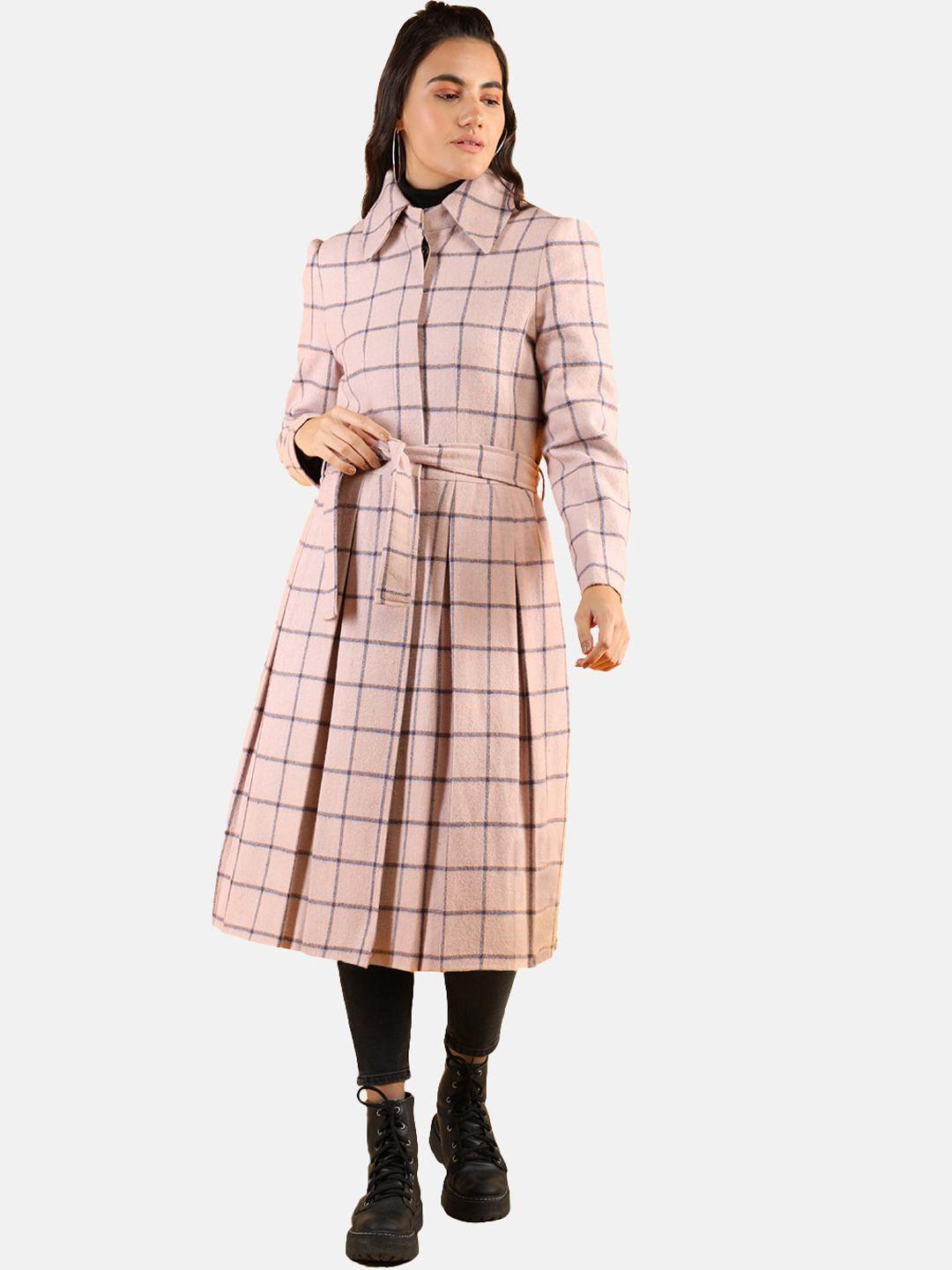dlanxa women pink & brown checked longline overcoat