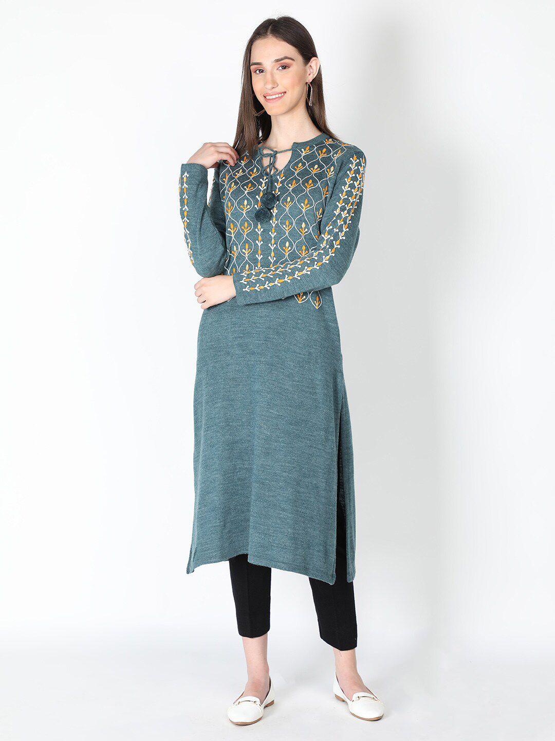 dlanxa floral embroidered tie-up neck long sleeve woolen kurta