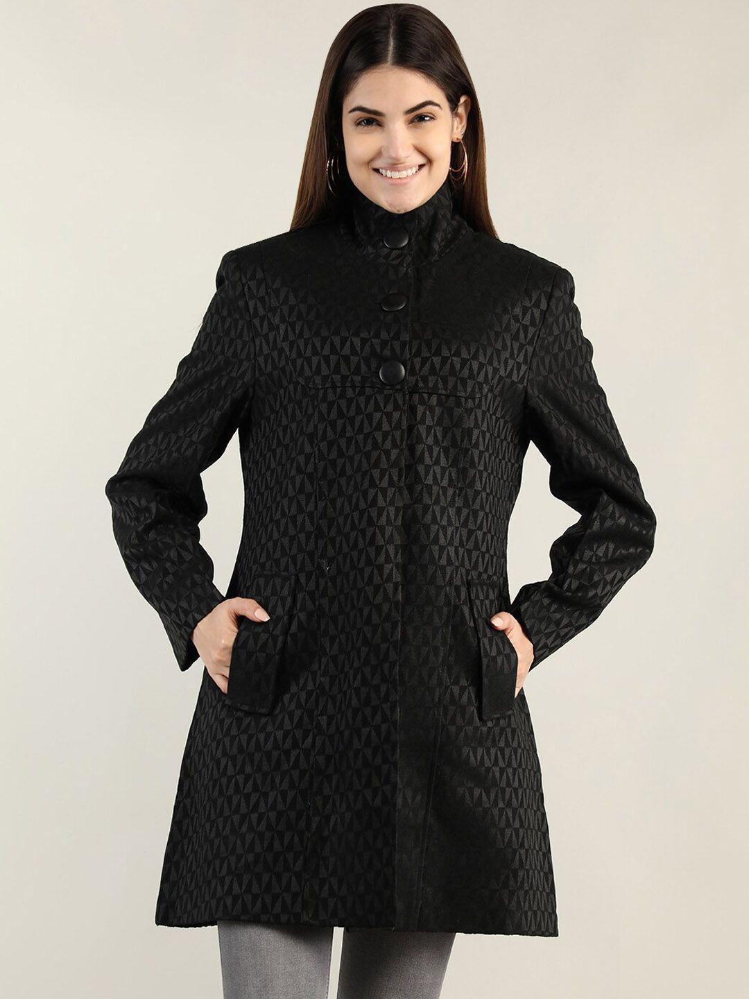 dlanxa women black self-design regular fit overcoat