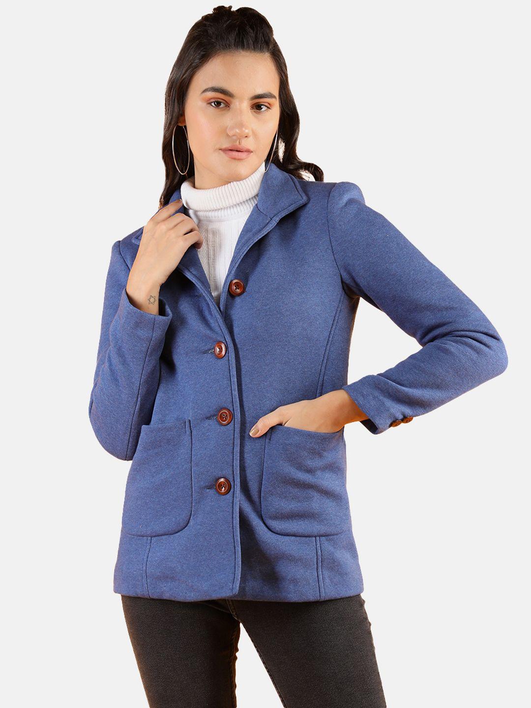 dlanxa women blue solid fleece winter wear overcoat