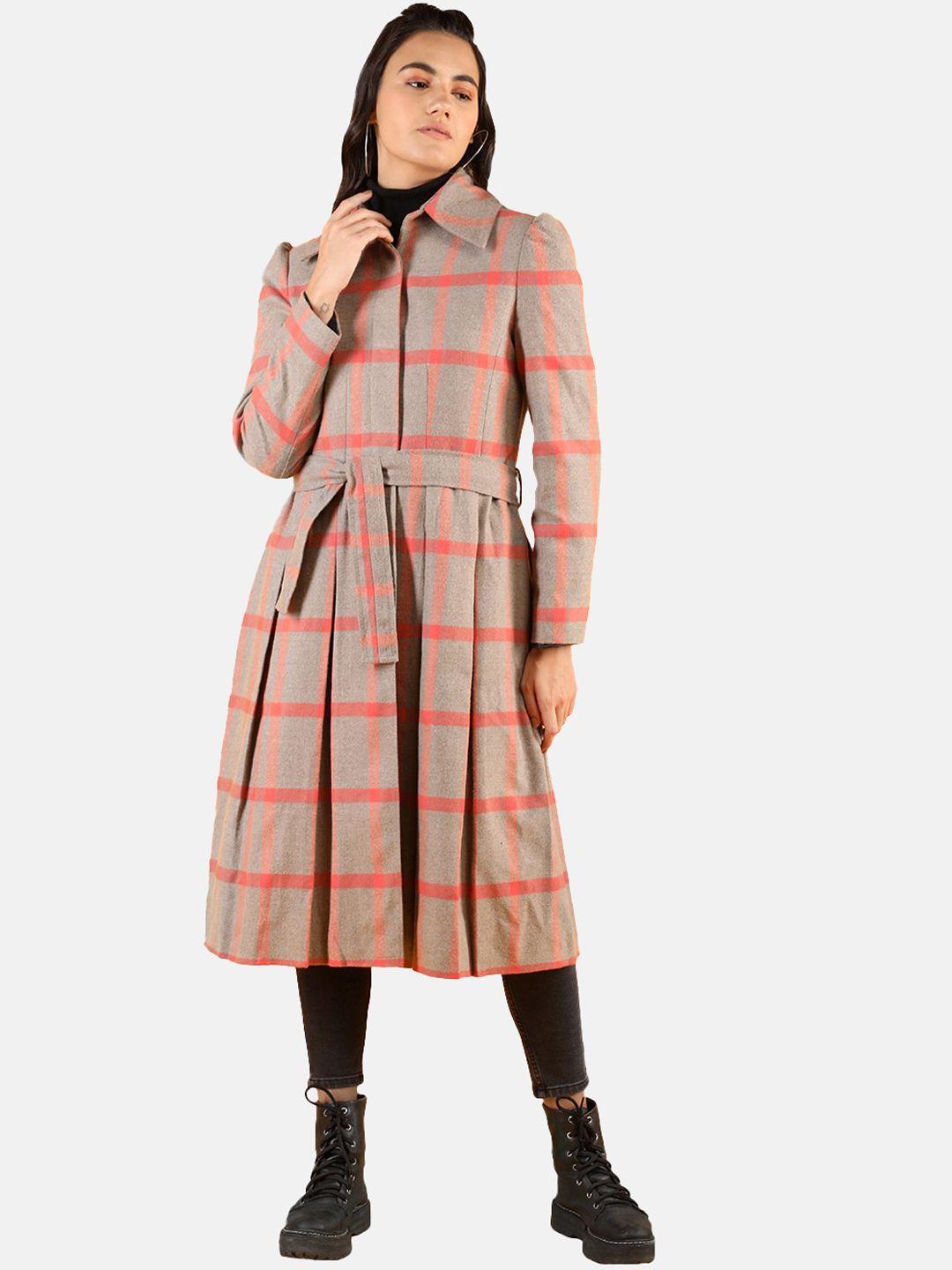 dlanxa women khaki & peach checked longline coat