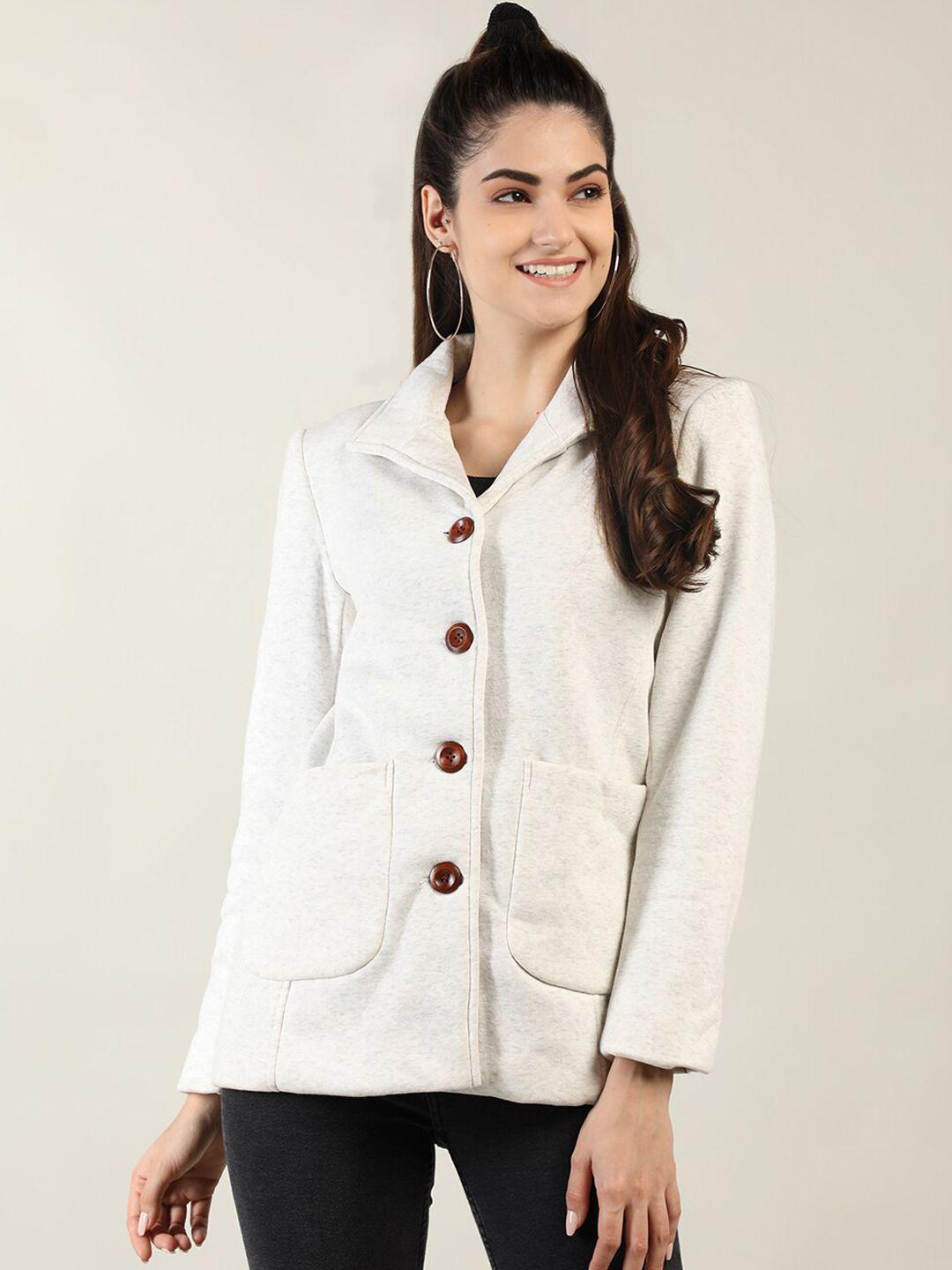 dlanxa women white solid fleece tailored jacket
