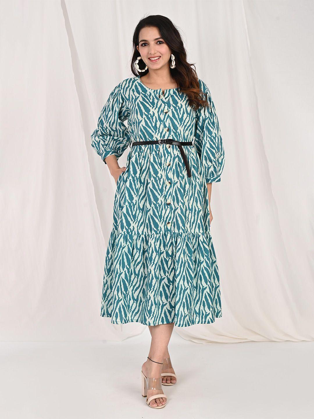 do dhaage abstract printed puff sleeve cotton fit & flare midi dress