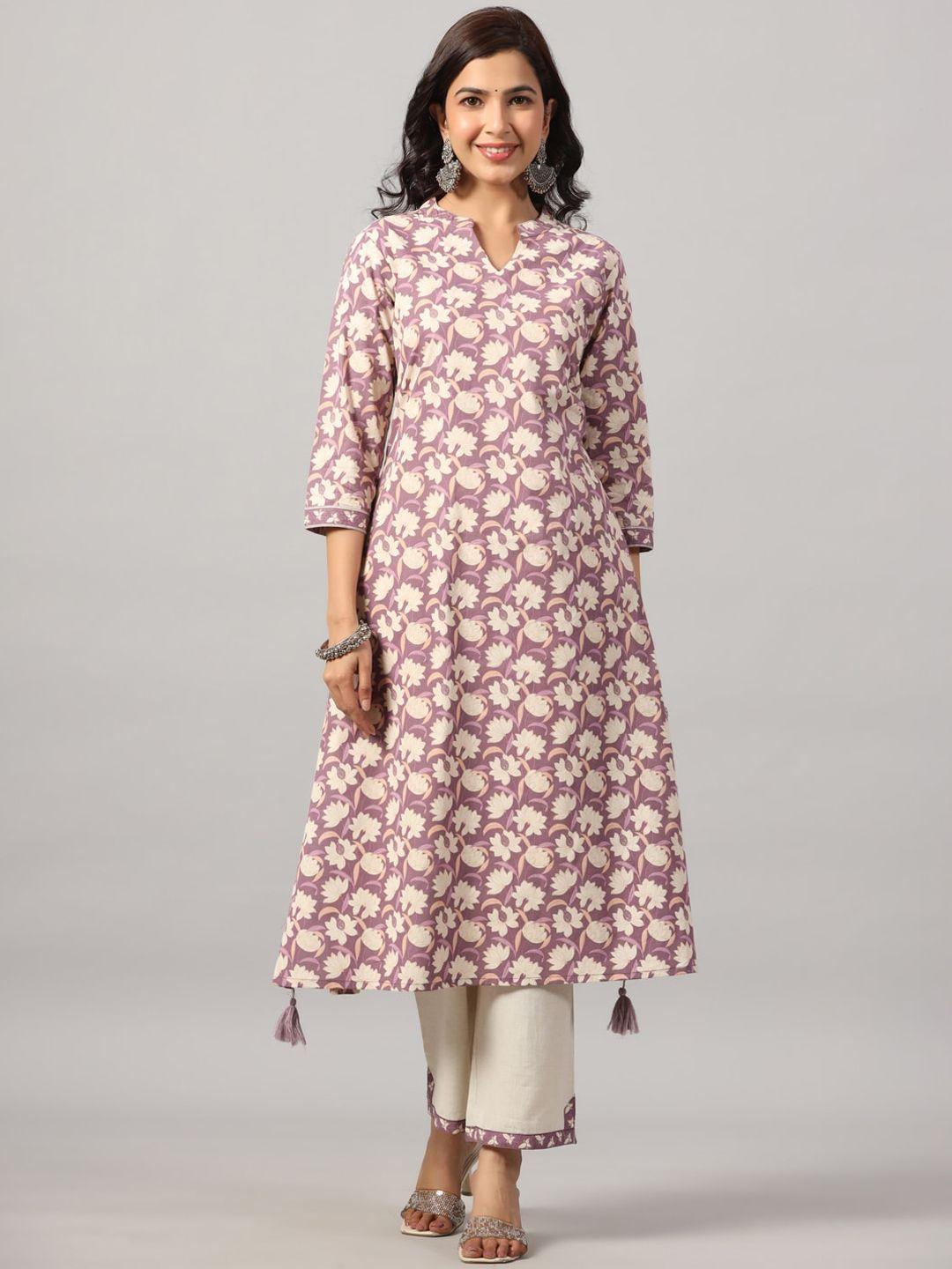 do dhaage band collar floral printed pure cotton a-line kurta & trousers with tassel