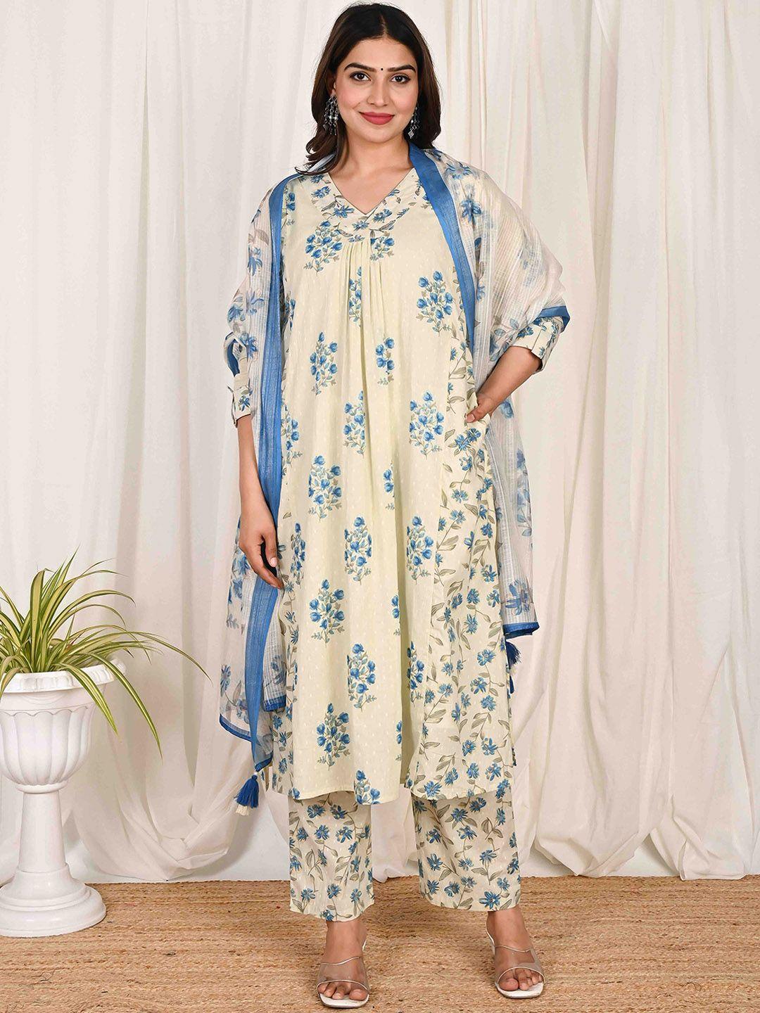 do dhaage floral printed pleated sequinned pure cotton kurta with trouser & dupatta