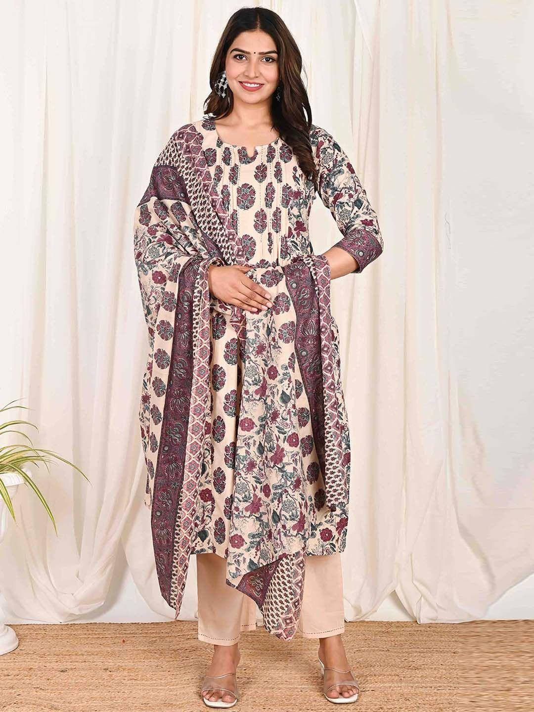 do dhaage floral printed thread work pure cotton straight kurta with trousers & dupatta
