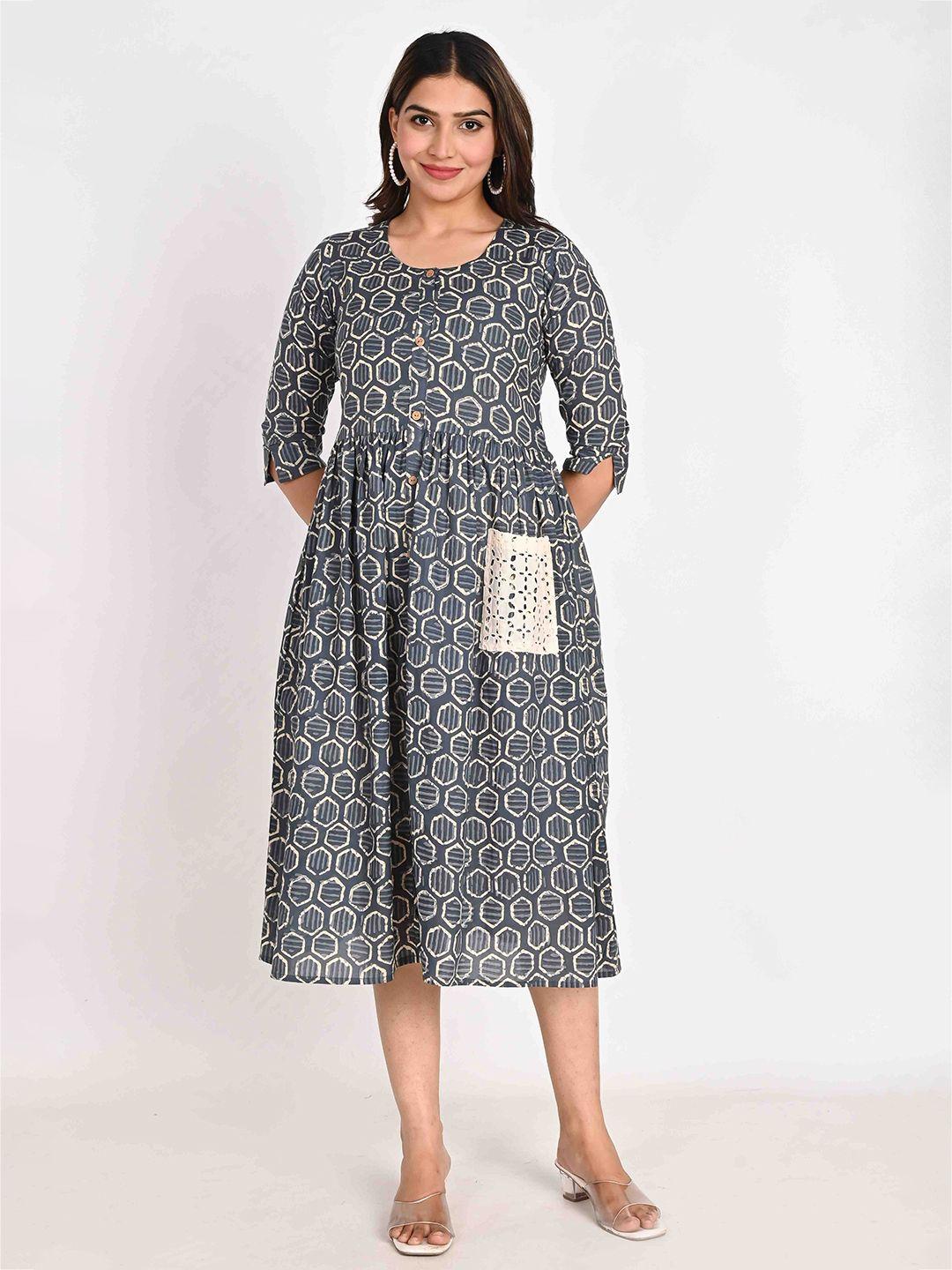 do dhaage geometric printed cotton fit & flare midi casual dress