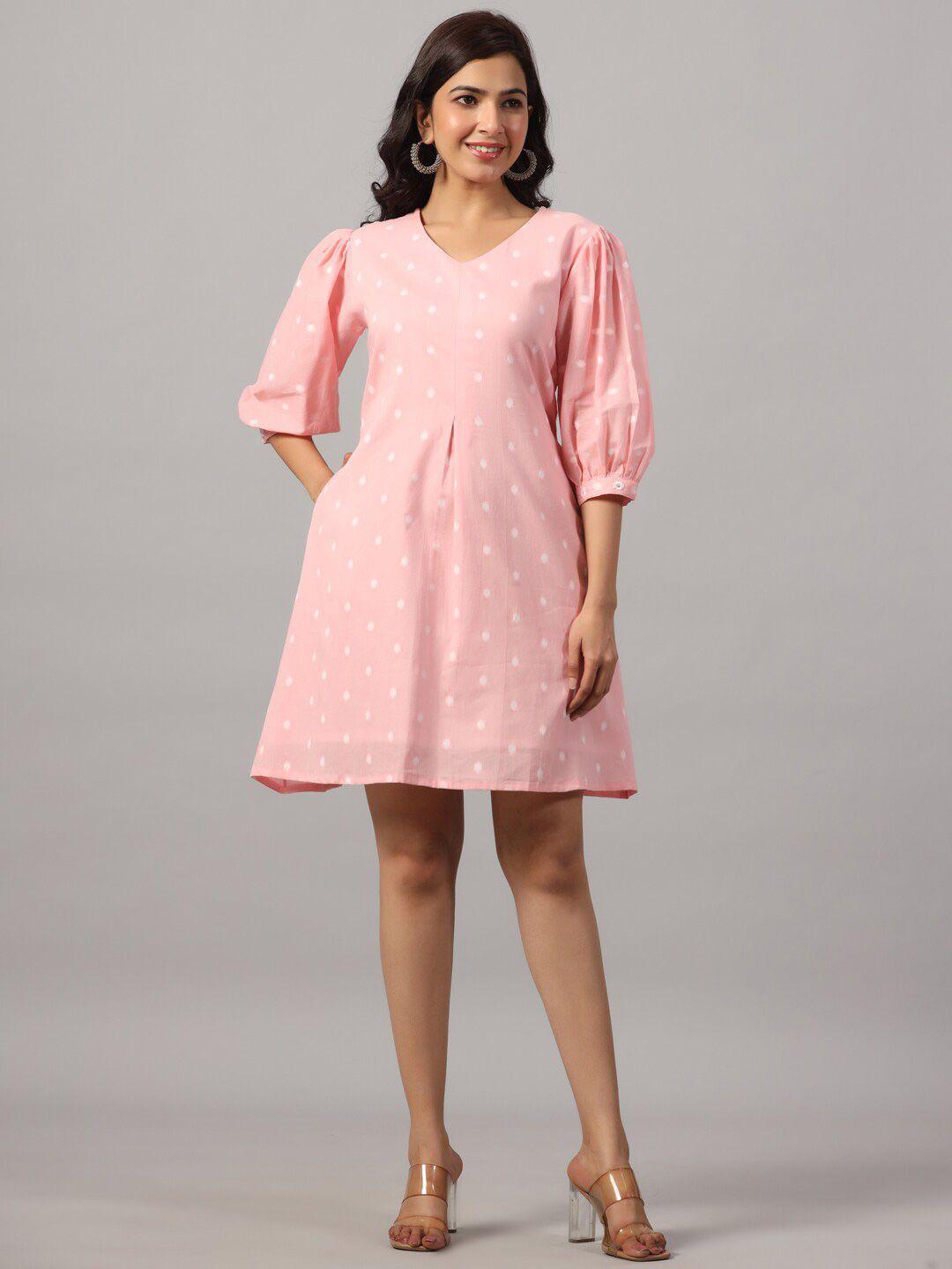 do dhaage printed v neck puff sleeves cotton a-line dress
