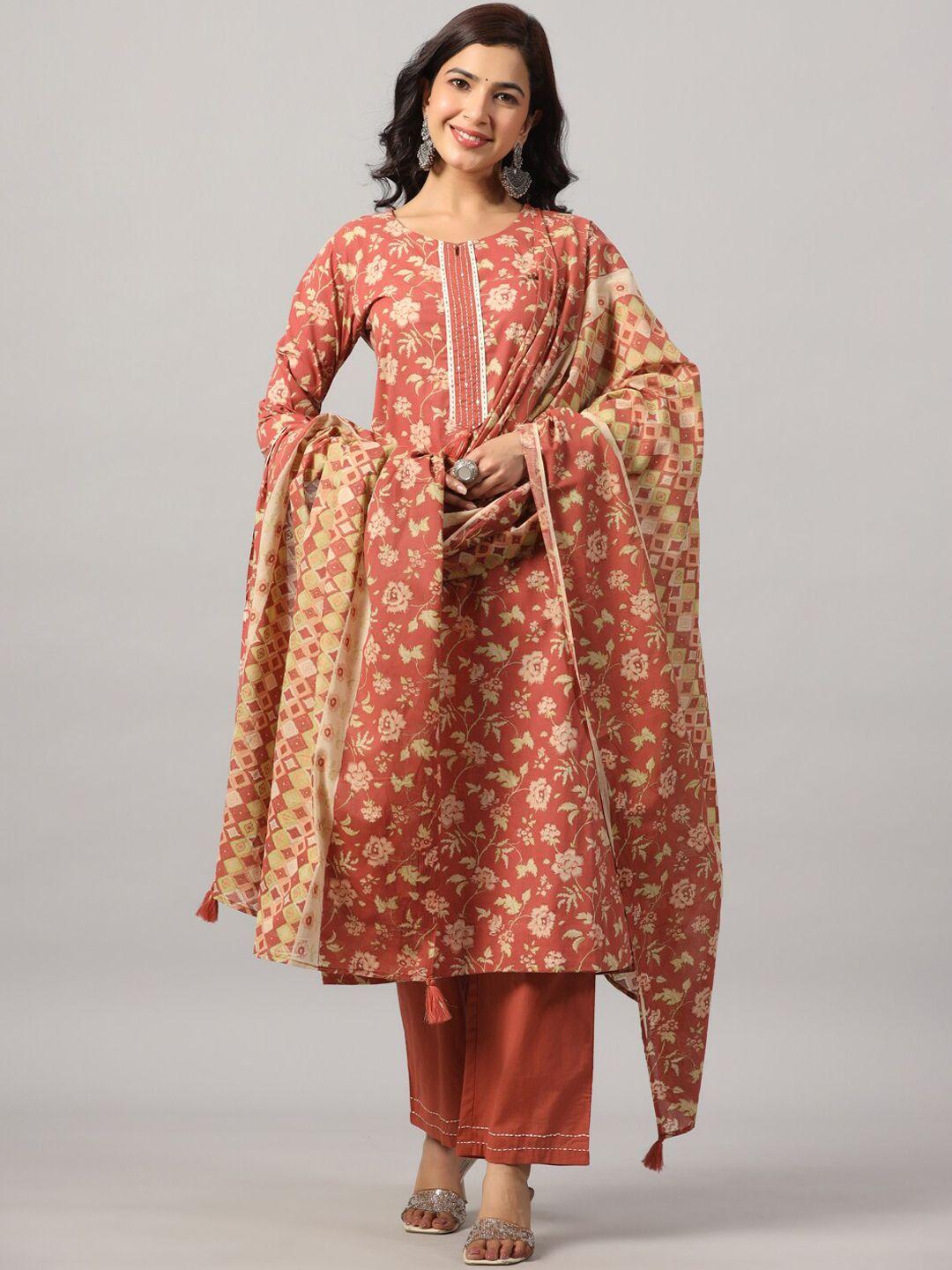 do dhaage round neck floral printed pure cotton kurta with trousers & dupatta