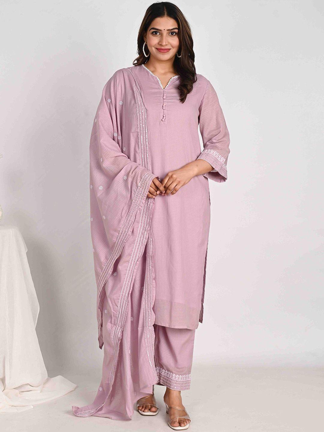 do dhaage v-neck pure cotton straight kurta with trousers & dupatta