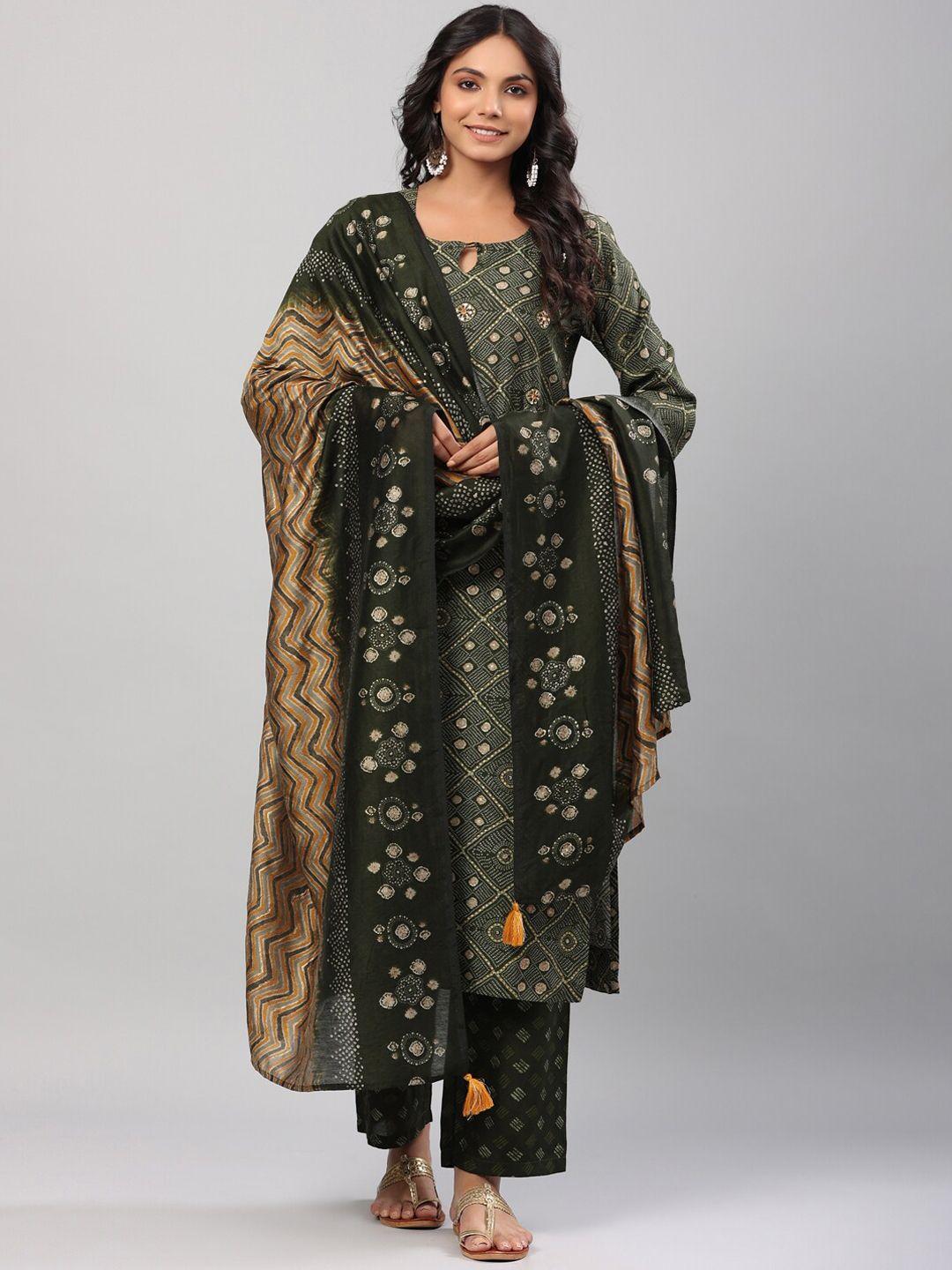 do dhaage women green ethnic motifs printed kurta with trousers & with dupatta