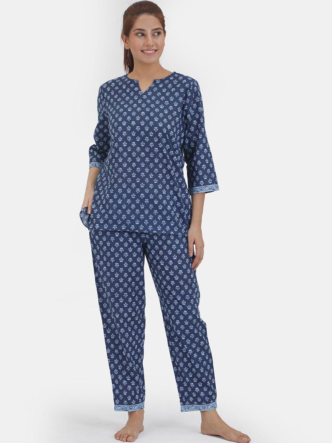 do dhaage women navy blue & blue pure cotton printed night suit