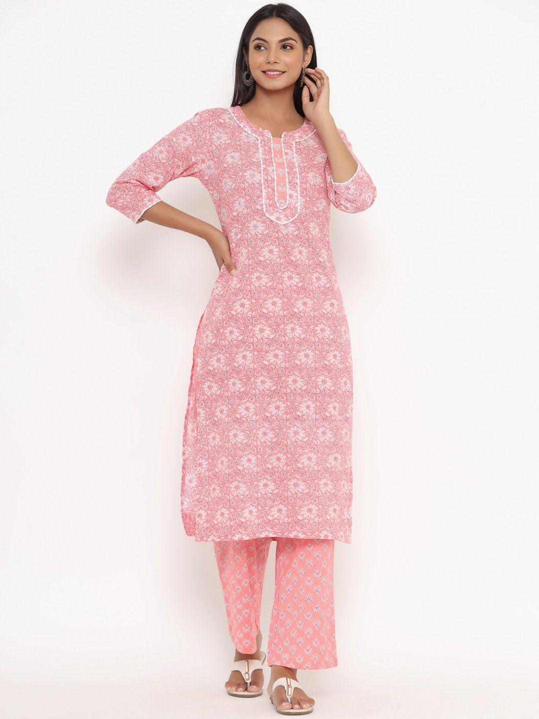 do dhaage women pink floral printed gotta patti pure cotton kurta with palazzos & with dupatta