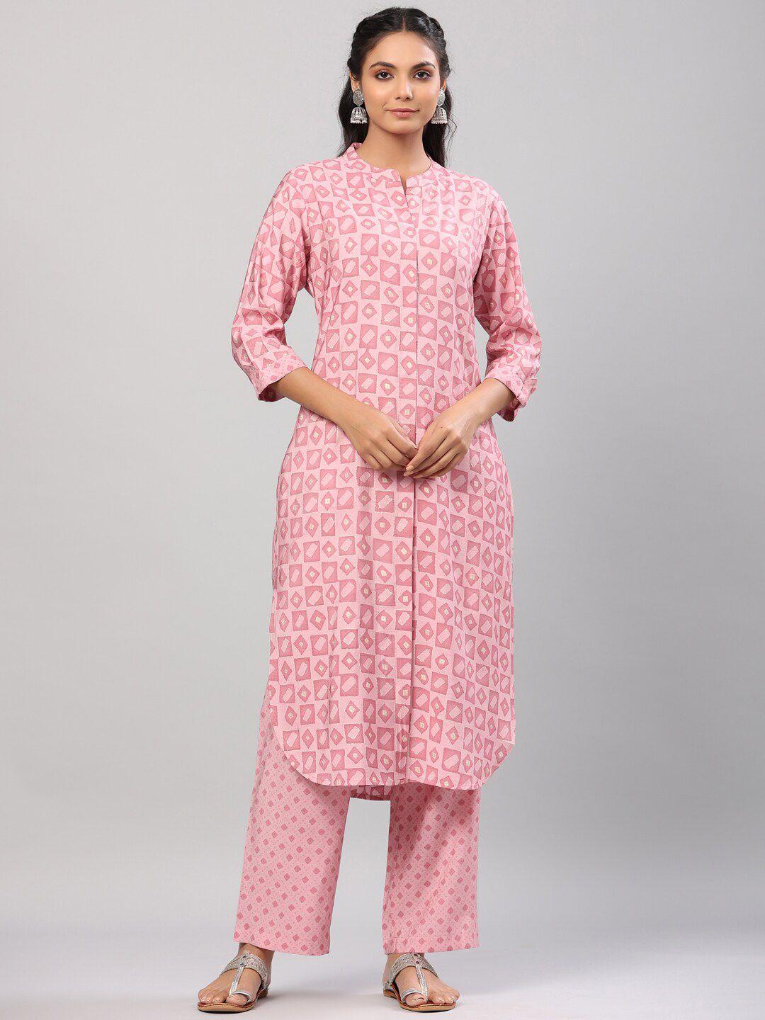 do dhaage women pink printed kurta with trousers