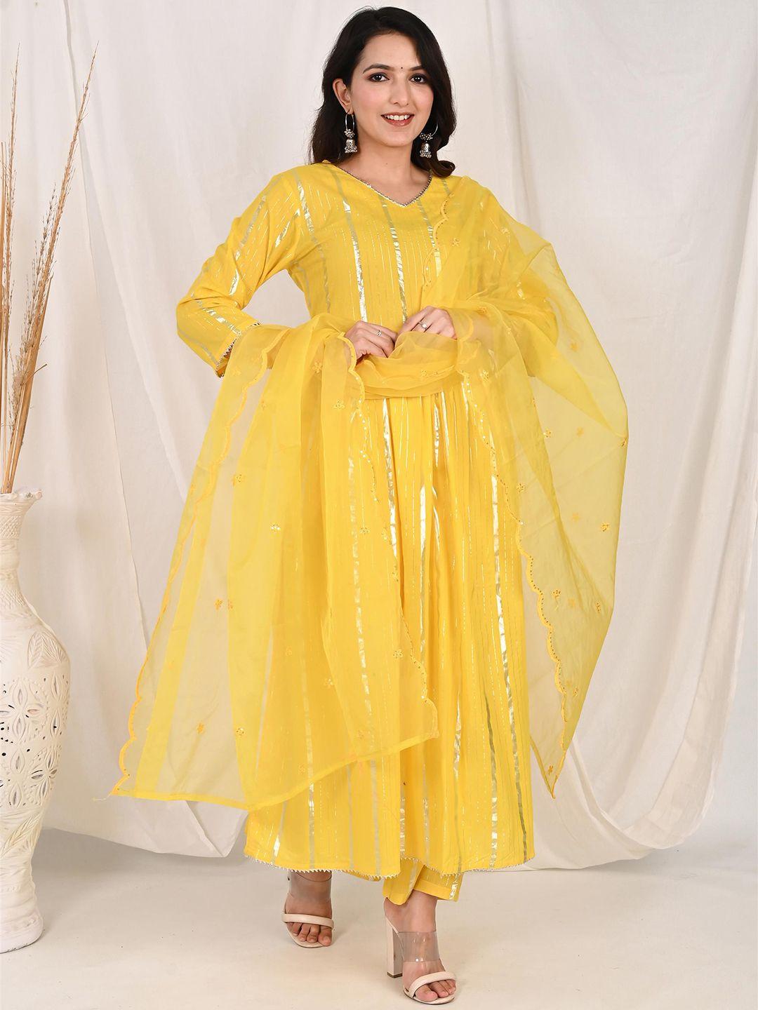 do dhaage women yellow striped regular pure cotton kurta with trousers & with dupatta