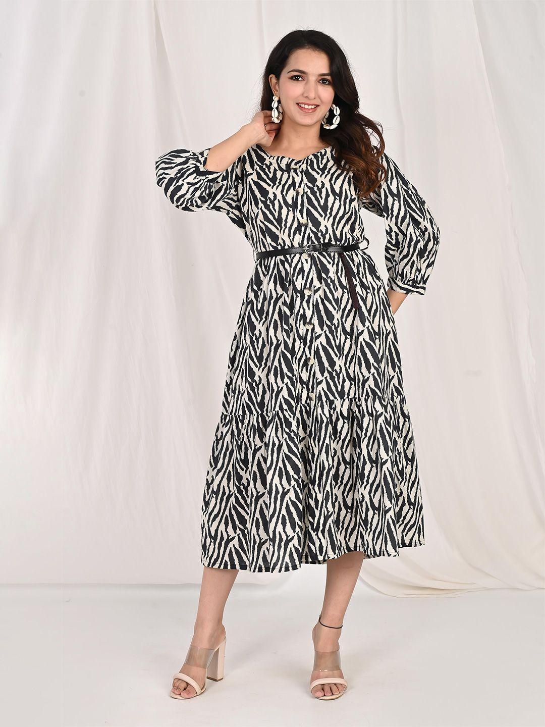 do dhaage abstract printed puff sleeve cotton fit & flare midi dress