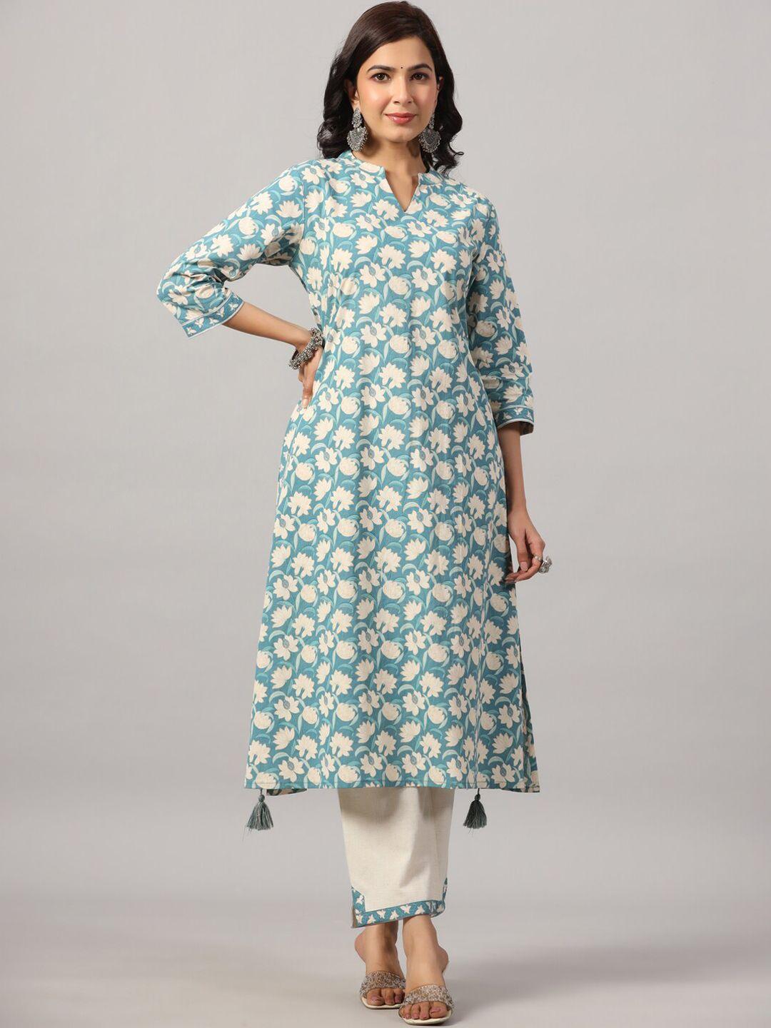 do dhaage band collar floral printed pure cotton a-line kurta & trousers with tassel