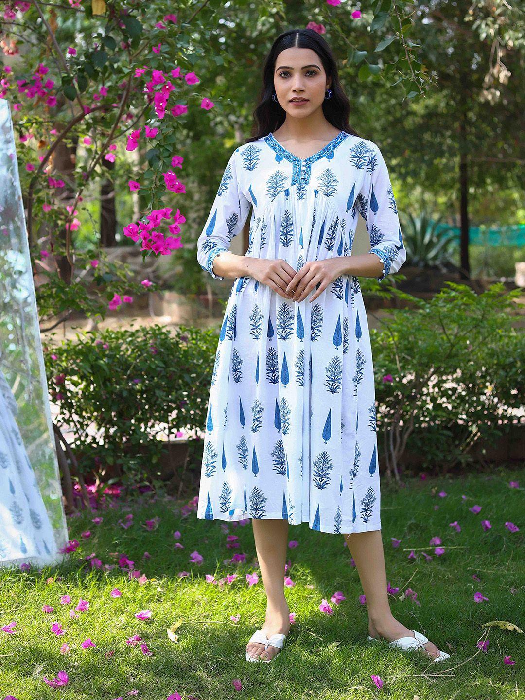 do dhaage floral printed gathered cotton empire midi ethnic dress
