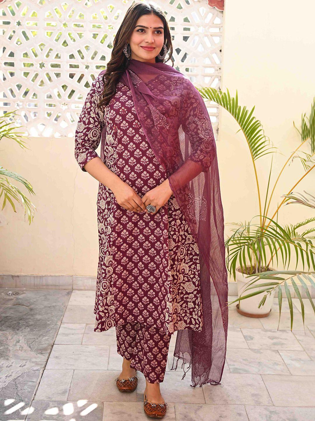 do dhaage floral printed v-neck pure cotton a-line kurta with trousers & dupatta