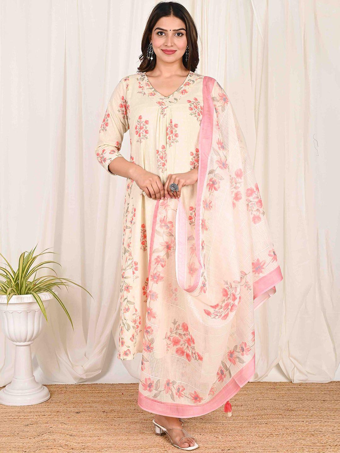 do dhaage floral printed v-neck pure cotton straight kurta with trousers & dupatta