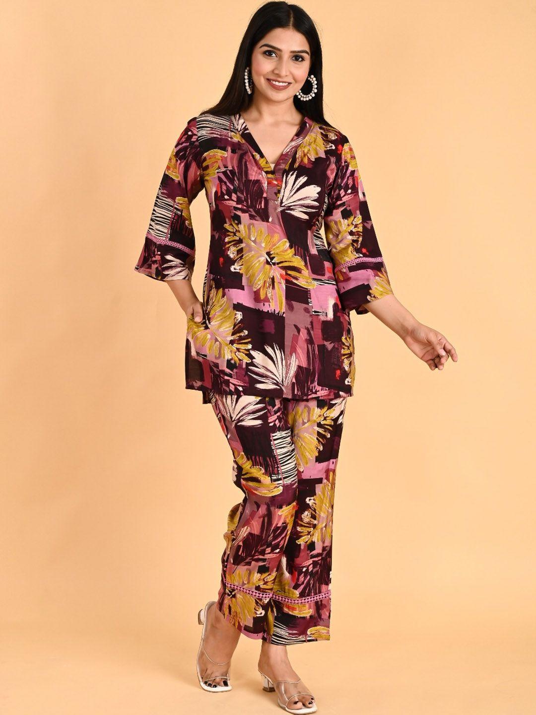 do dhaage floral printed v-neck tunic with trouser