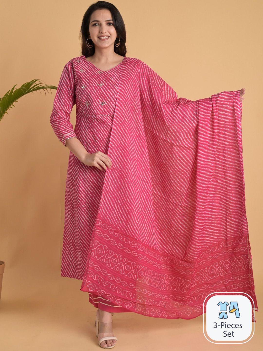 do dhaage leheriya striped regular mirror work pure cotton kurta & trousers with dupatta