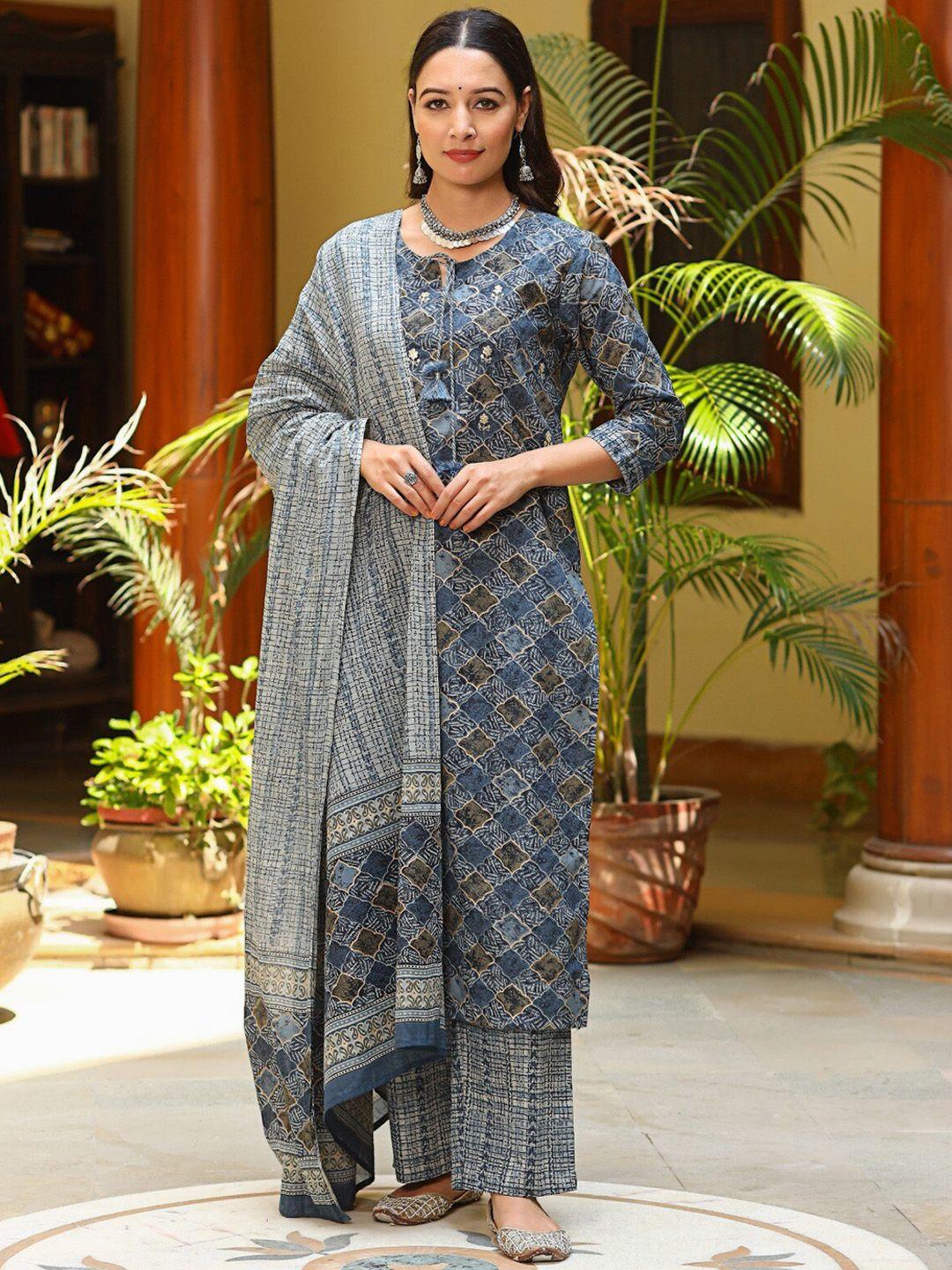 do dhaage printed tie up neck pure cotton kurta with palazzos & dupatta