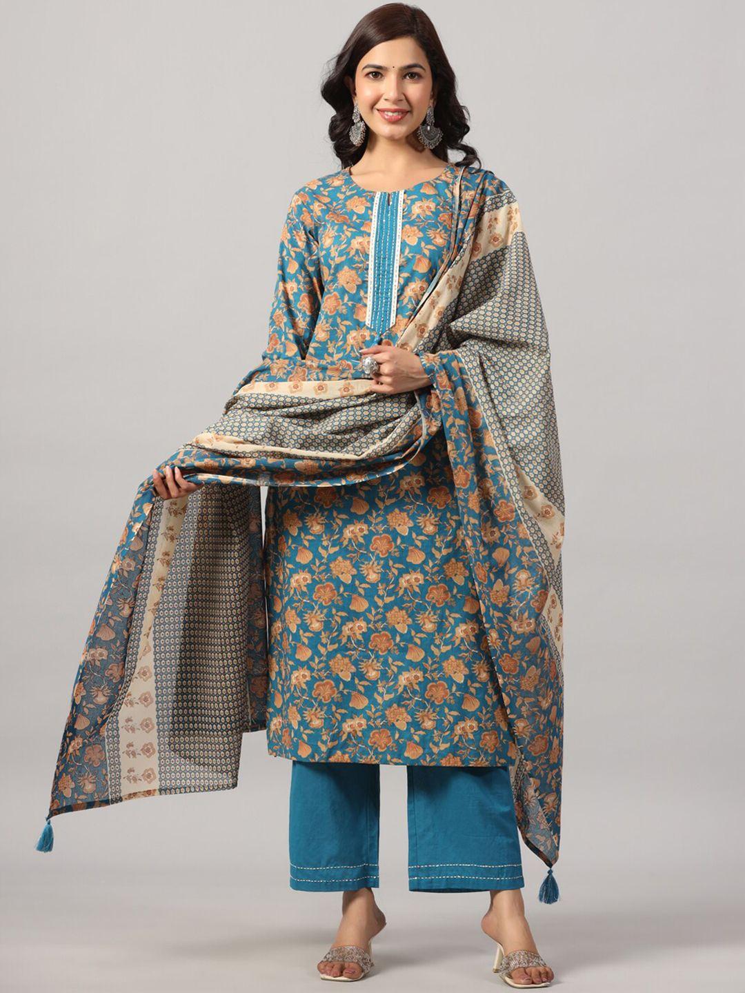 do dhaage women blue floral embroidered kantha work pure cotton kurta with trousers & with dupatta