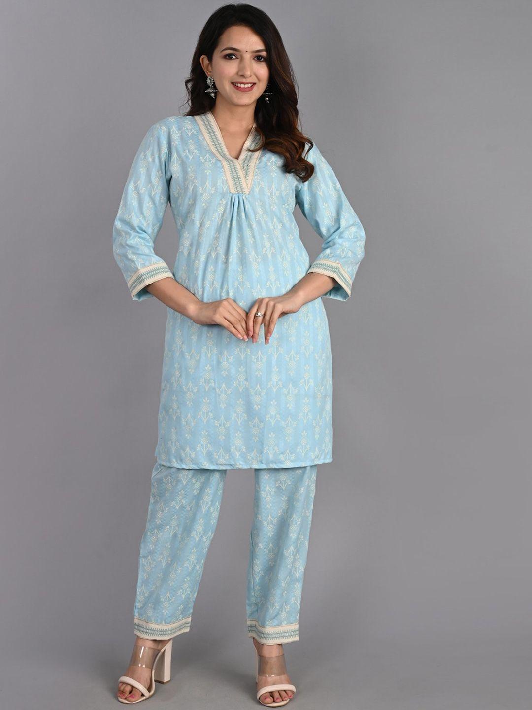 do dhaage women blue floral printed regular pure cotton kurta with trousers