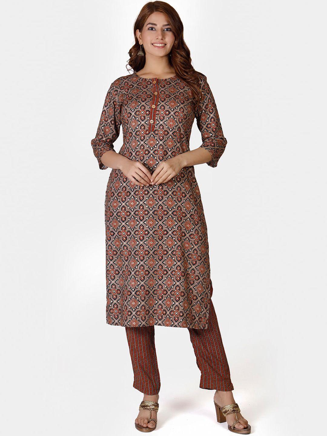 do dhaage women brown & blue ajrakh printed kurta with trousers
