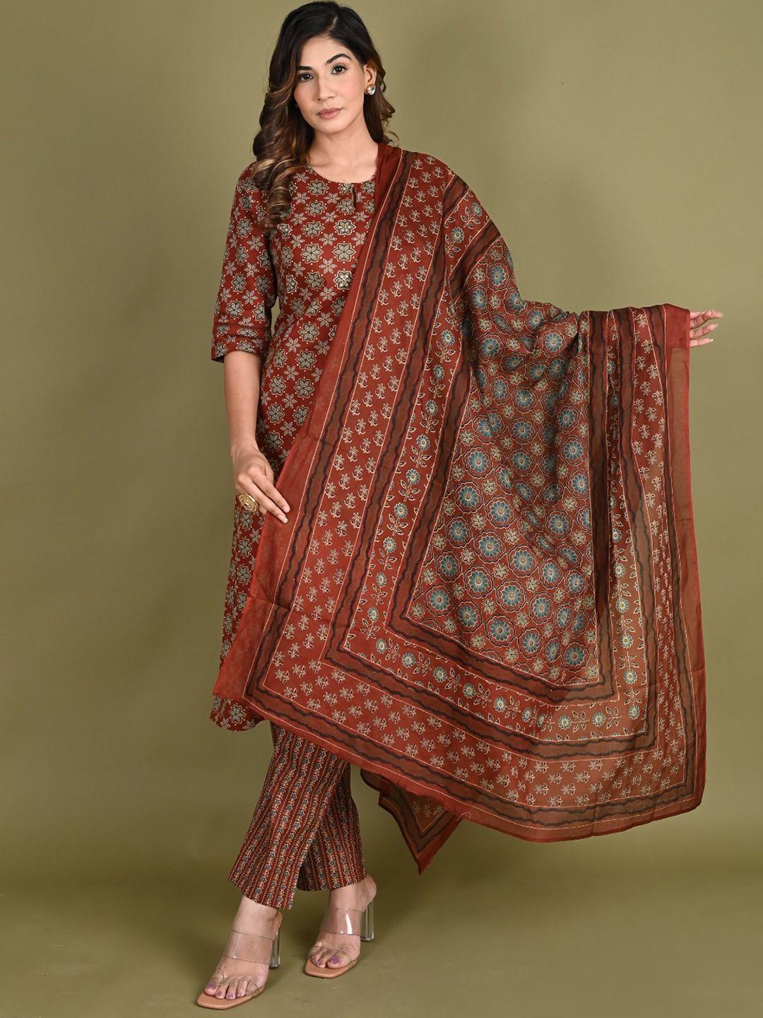 do dhaage women brown ethnic motifs printed regular pure cotton kurti with trousers & with dupatta