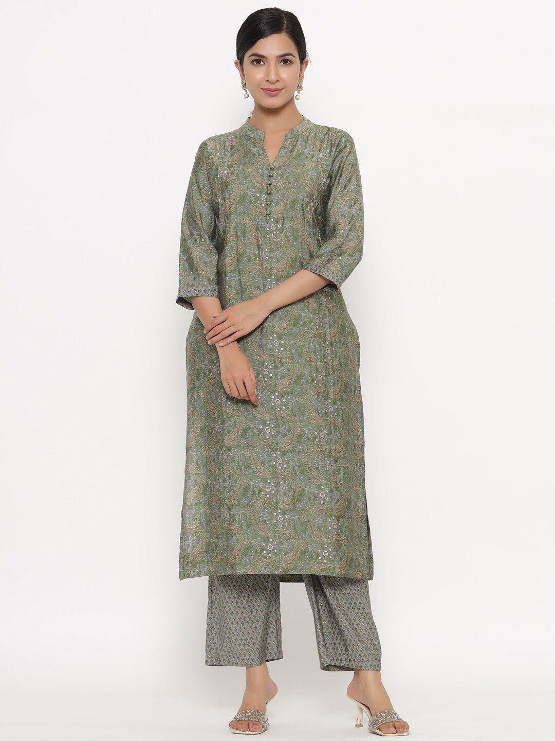do dhaage women green floral printed mirror work kurta with trousers