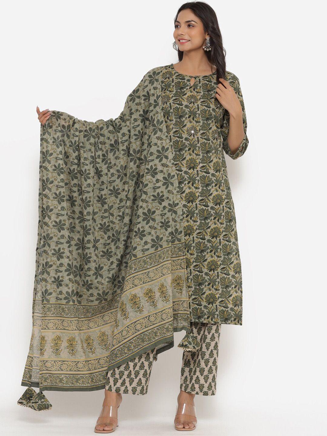 do dhaage women grey & olive green floral print pure cotton kurta with palazzos & dupatta