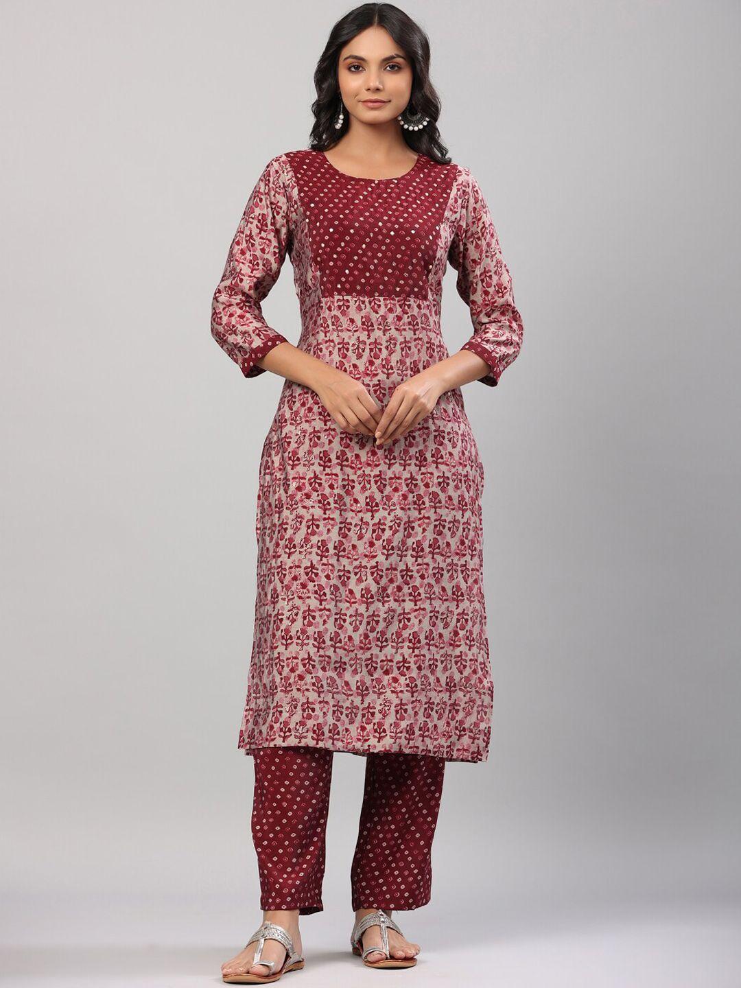 do dhaage women maroon floral printed kurta with trousers & with dupatta