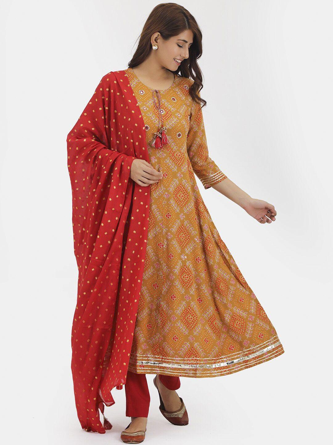 do dhaage women mustard yellow ethnic motifs printed kurta with trousers & dupatta