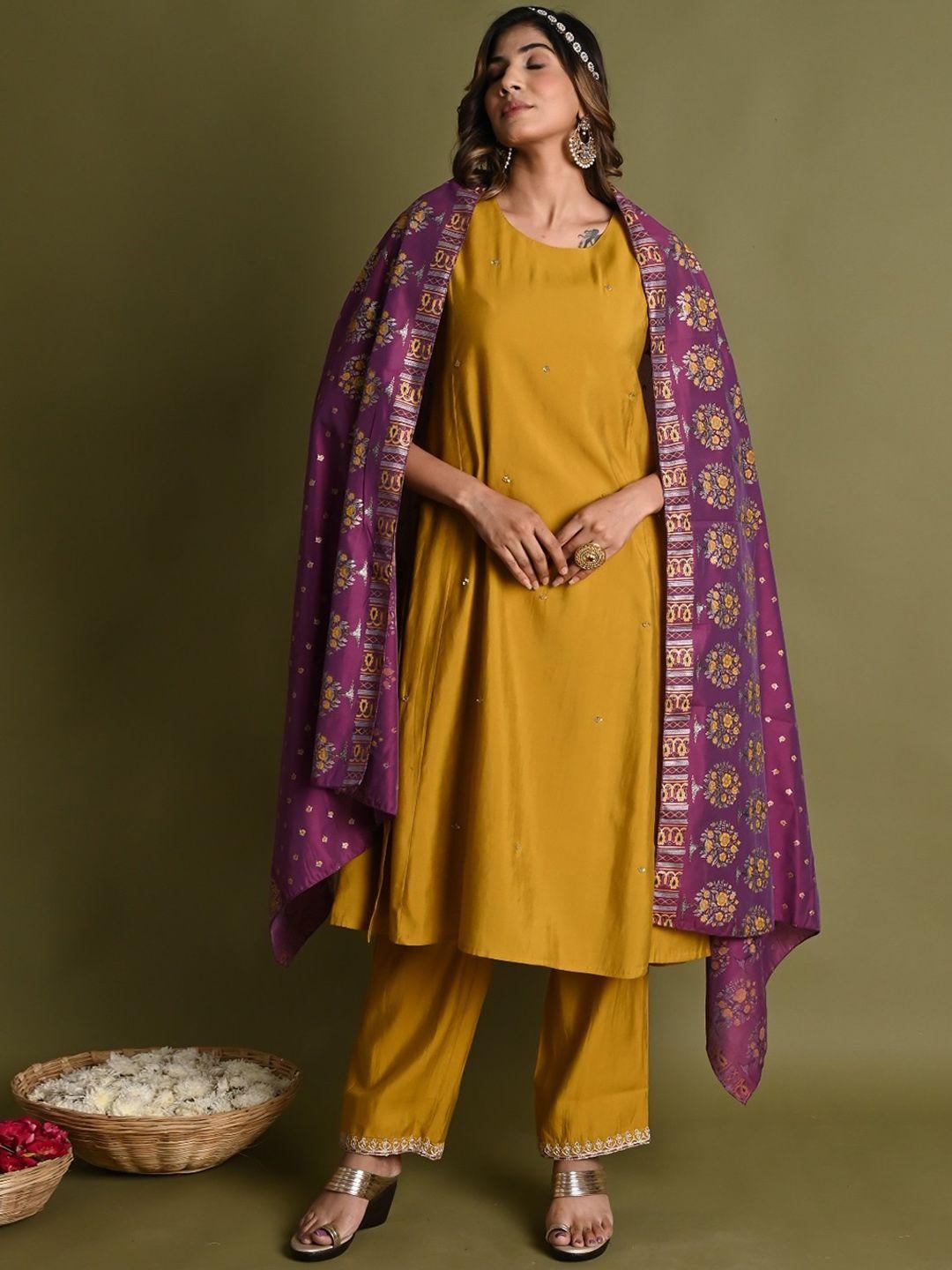 do dhaage women mustard yellow floral embroidered regular sequinned kurti with trousers & with dupatta