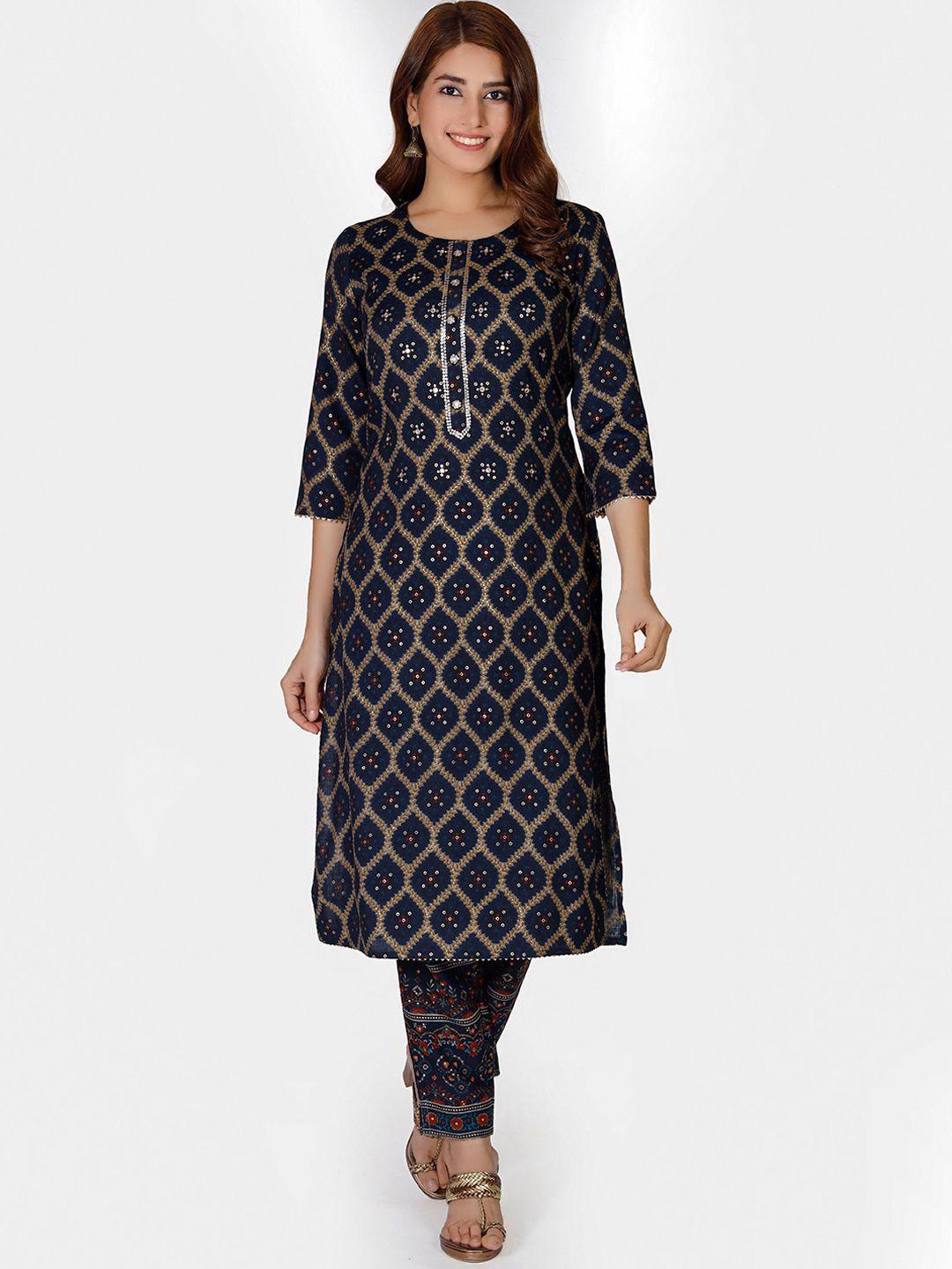 do dhaage women navy blue & grey ethnic motifs printed kurta with trousers
