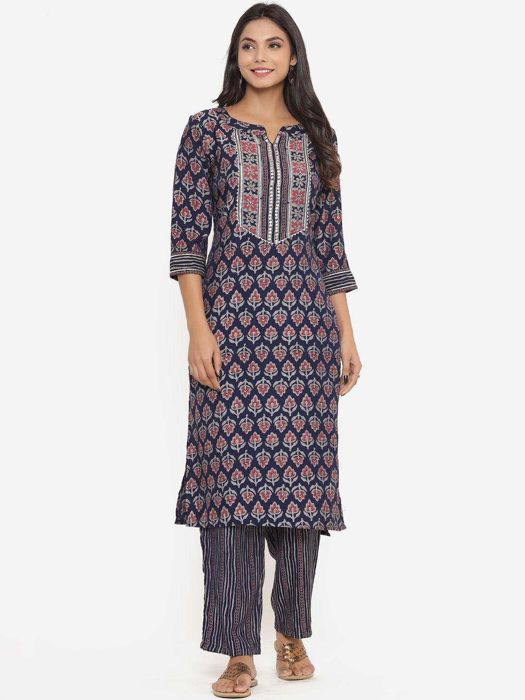 do dhaage women navy blue ethnic motifs printed kurta with palazzos