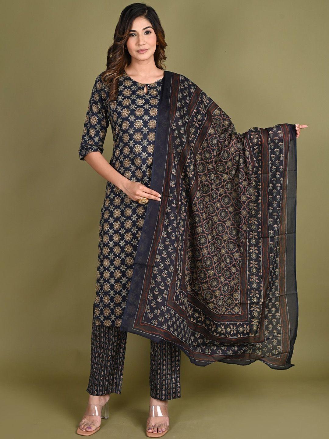 do dhaage women navy blue ethnic motifs printed regular pure cotton kurti with palazzos & with dupatta