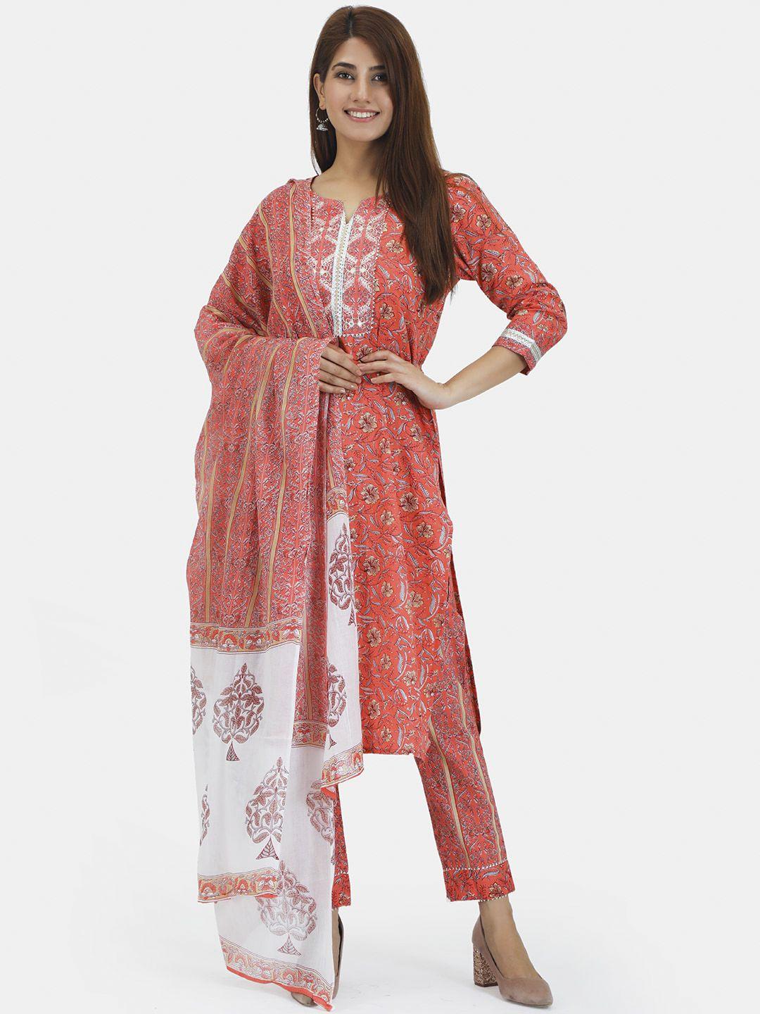 do dhaage women orange floral printed pure cotton kurta with trousers & dupatta