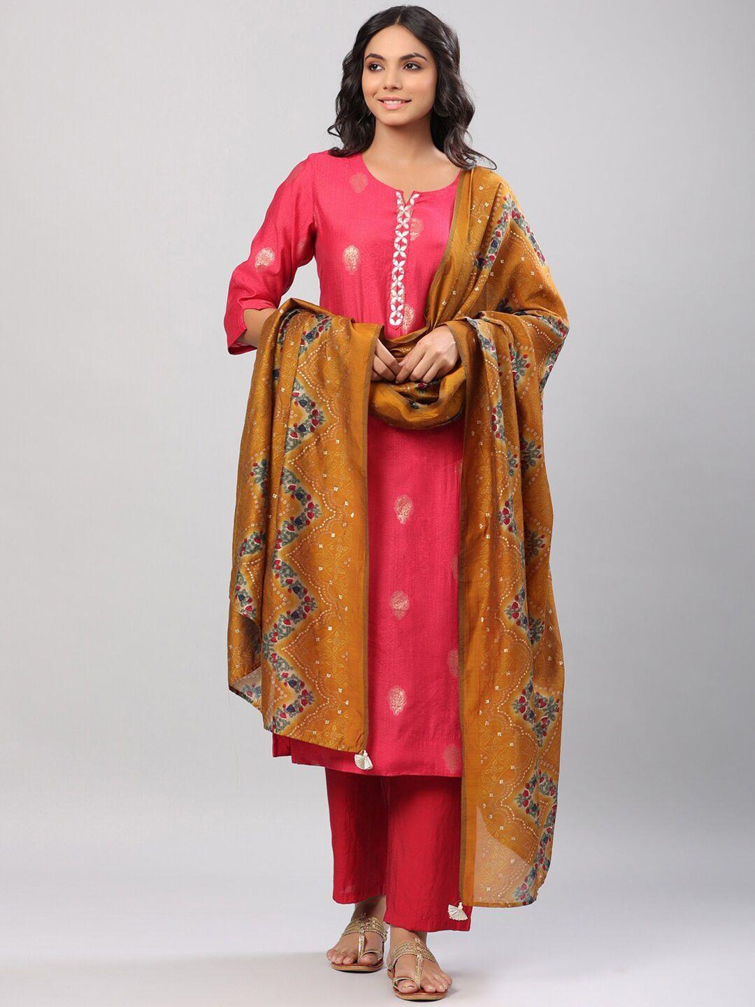 do dhaage women pink floral printed gotta patti kurta with trousers & with dupatta