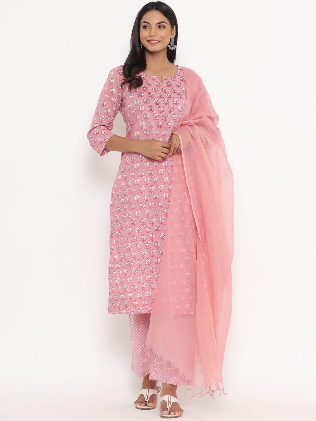 do dhaage women pink floral printed pure cotton kurta set