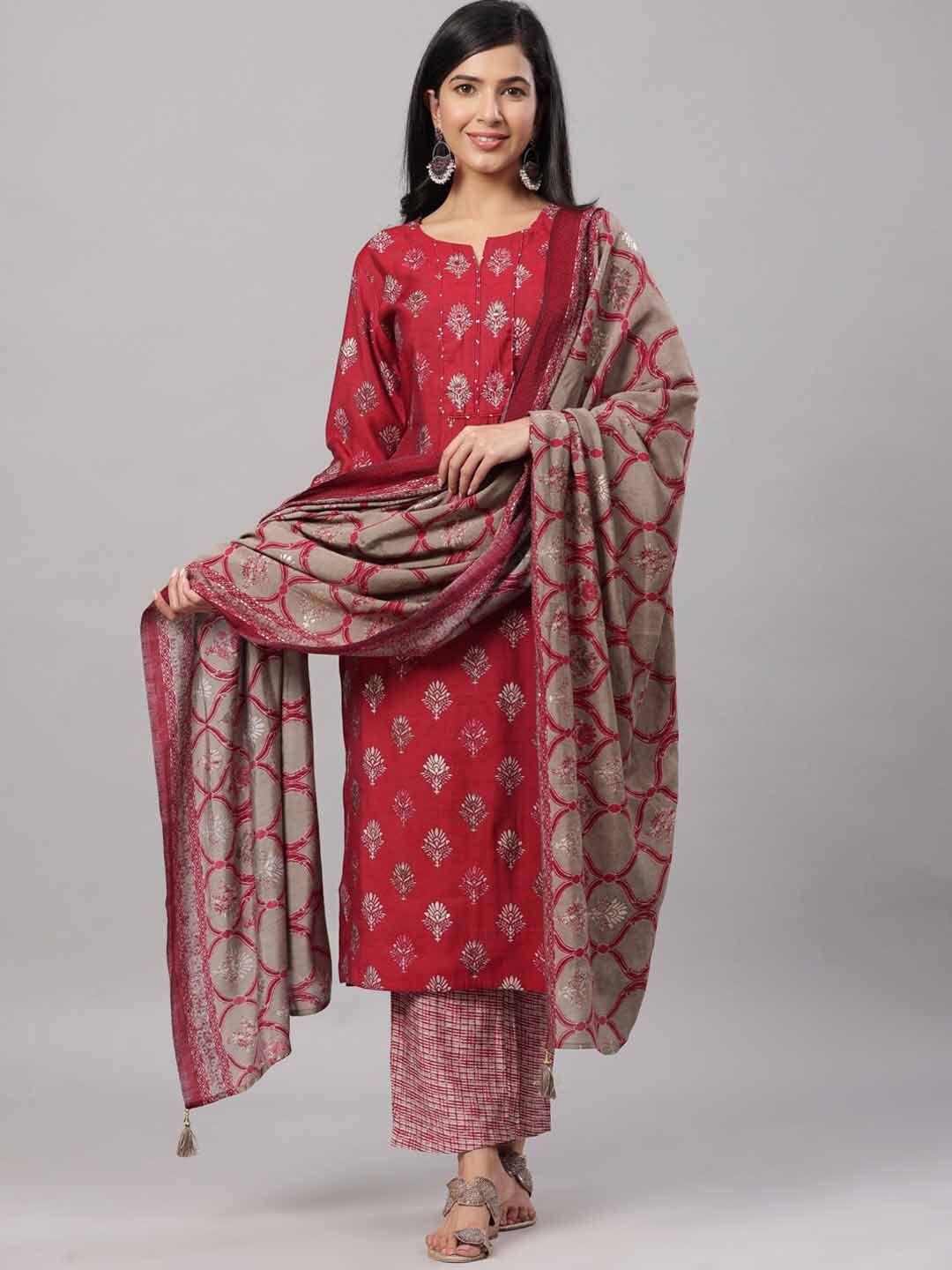 do dhaage women red ethnic motifs embroidered kurta with trousers & with dupatta