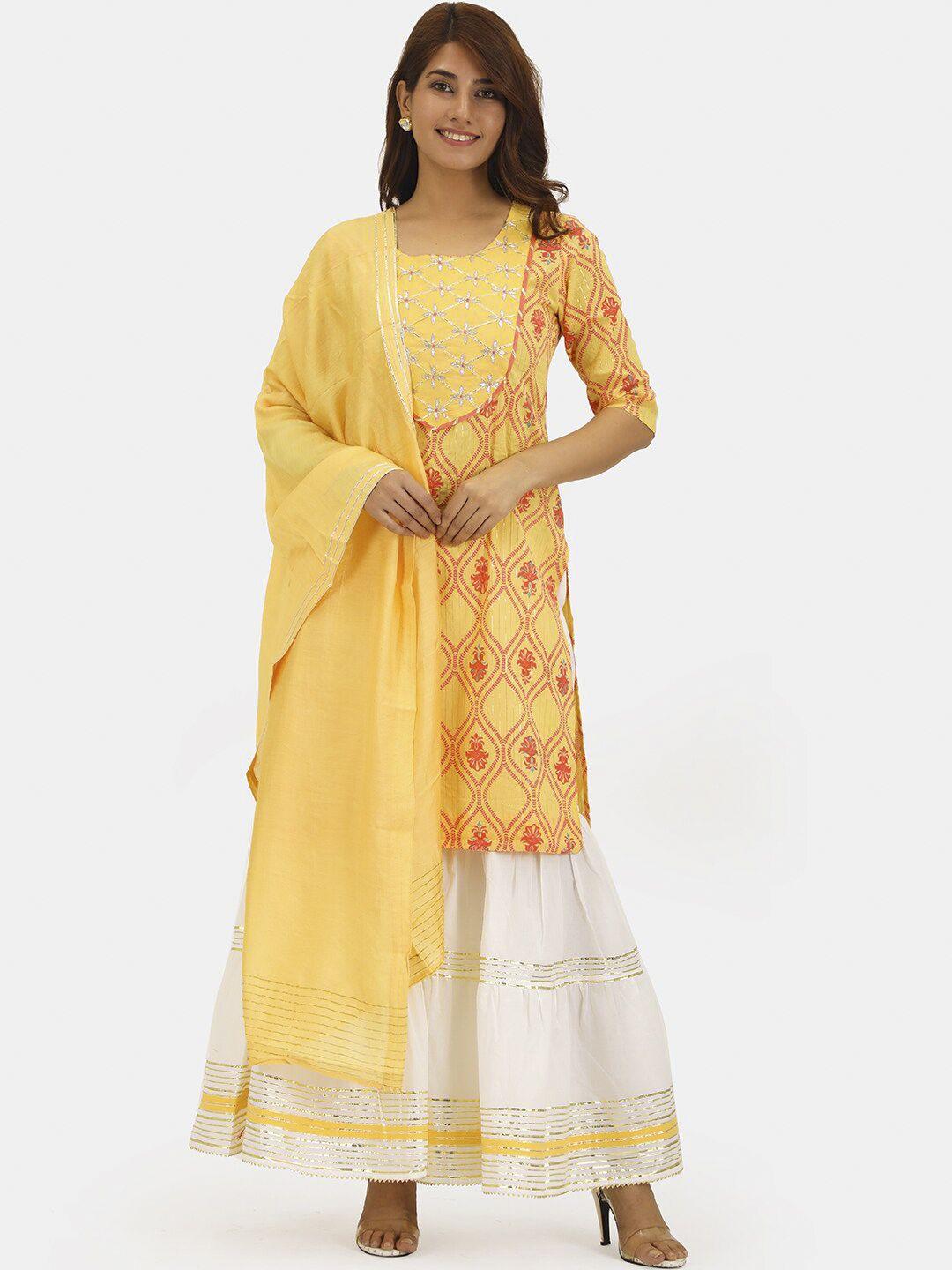 do dhaage women yellow floral printed gotta patti pure cotton kurta with sharara & dupatta