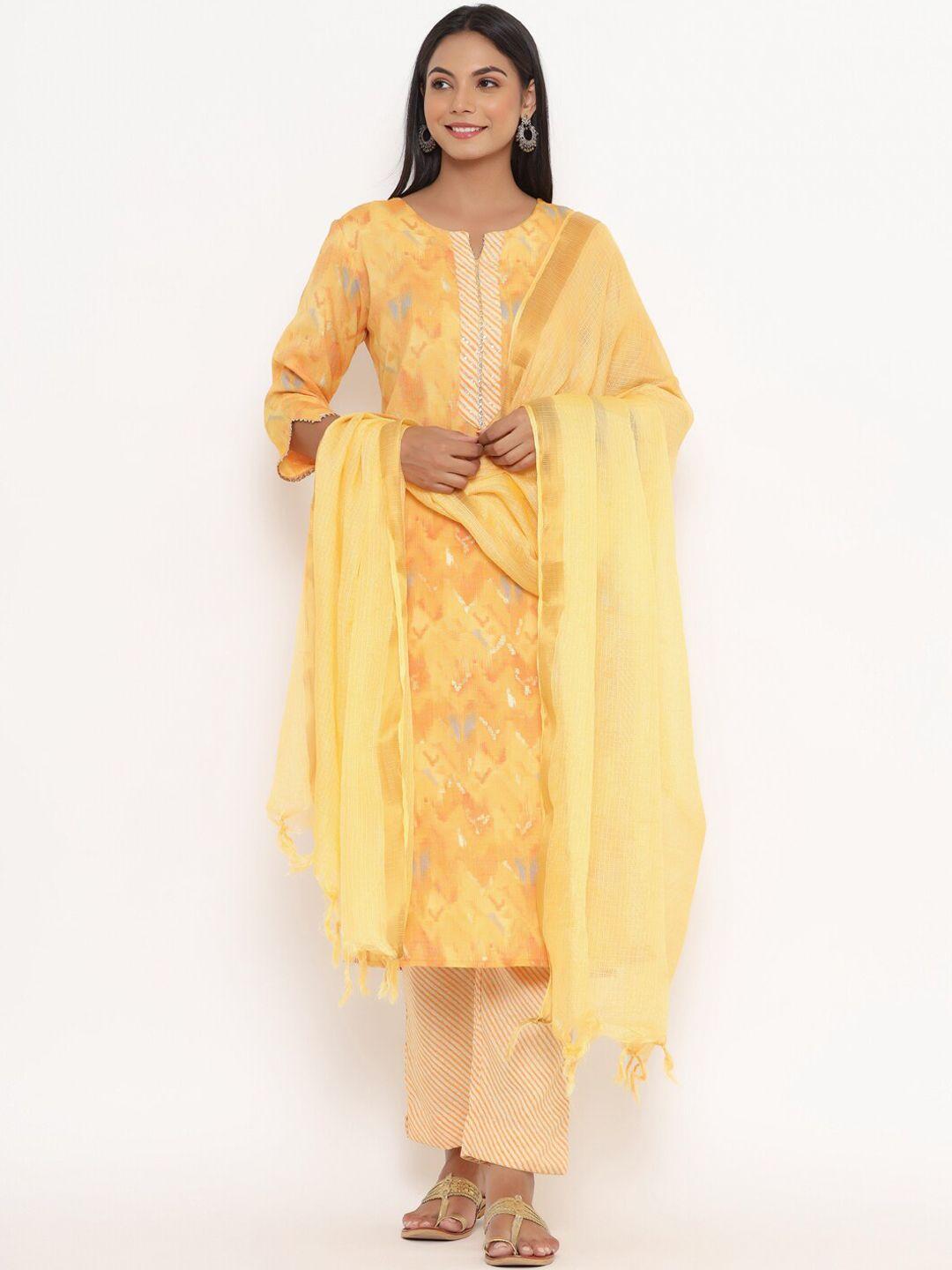 do dhaage women yellow printed kurta with trousers & with dupatta