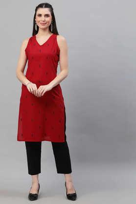 dobby cotton v neck women's kurta - red